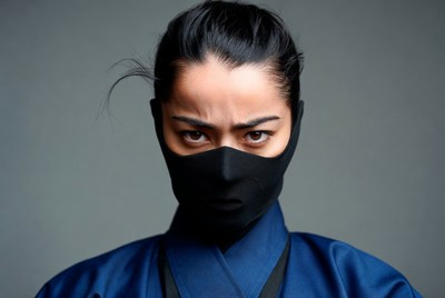 Asian woman in ninja mask and outfit