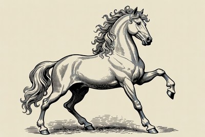 Engraving of majestic horse rearing