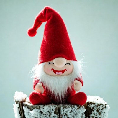 Smiling red gnomes on snowy stump