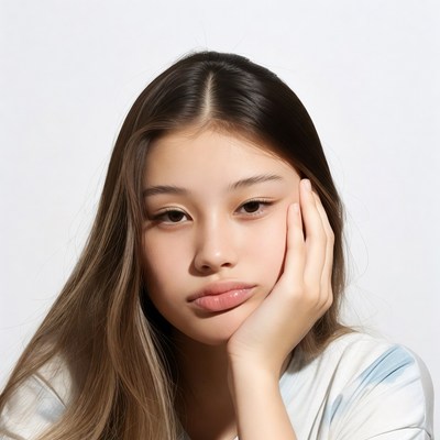 Asian girl pouting with hand on cheek