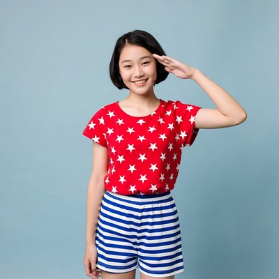 Asian girl saluting in stars shirt