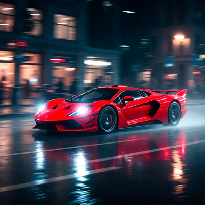 Red Lamborghini speeding rainy night street