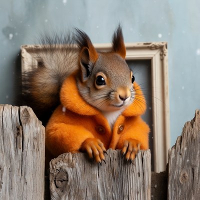 Squirrel in orange coat on fence