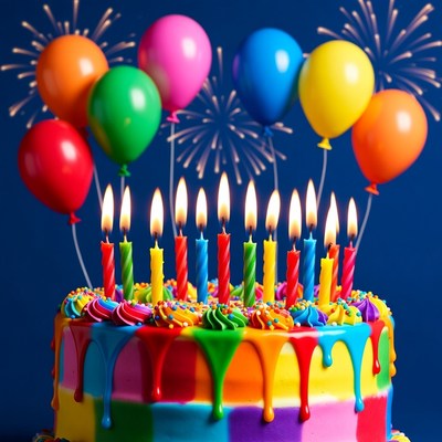 Colorful Birthday Cake with Candles and Balloons