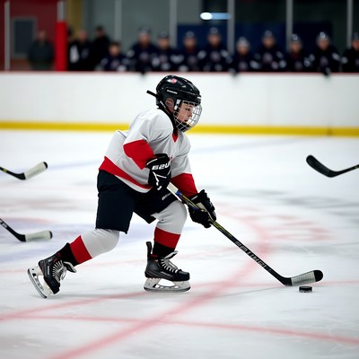Boy playing hockey on ice rink