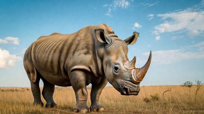 White Rhino Standing in Grassland
