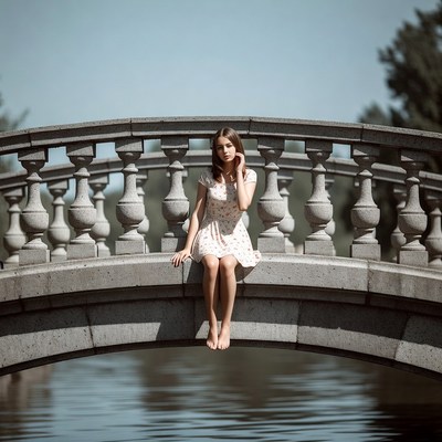 Girl sitting barefoot on stone bridge