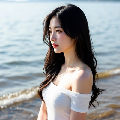 Asian woman by lake shore