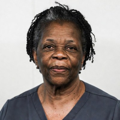 African-American woman in blue scrubs