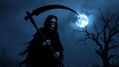 Grim Reaper with scythe under moon