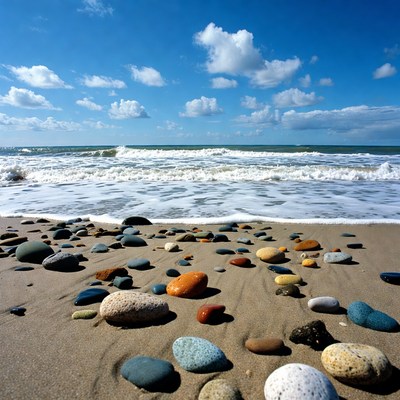 Colorful pebbles on sandy beach