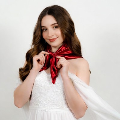 Woman in white dress with red silk bowtie