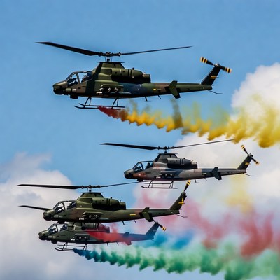 Military Helicopters Flying with Colored Smoke