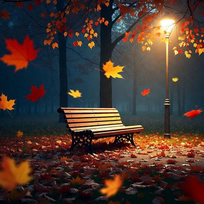 Autumn Park Bench Under Street Lamp