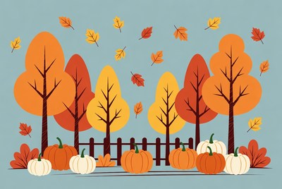 Autumn Trees Pumpkins Falling Leaves Illustration