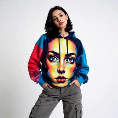 Asian woman in colorful face hoodie