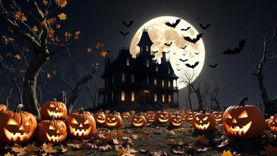 Haunted House with Pumpkins and Full Moon