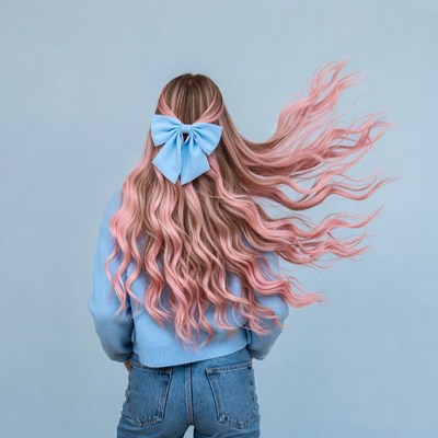 Woman with pink hair and blue bow