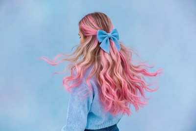 Woman with pink hair and blue bow