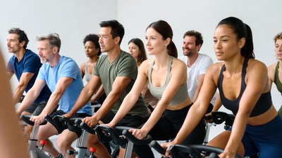 Diverse group spinning bikes gym