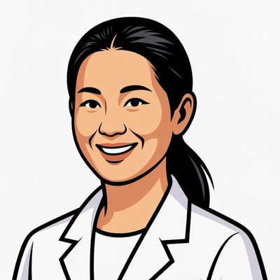 Smiling Asian woman in white lab coat