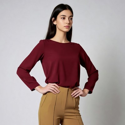 Woman in maroon blouse and beige pants