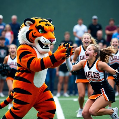 Tiger Mascot High-Fiving Cheerleader