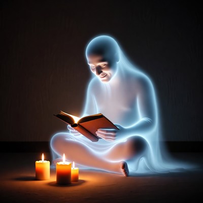 Glowing Ghost Reading Book by Candles