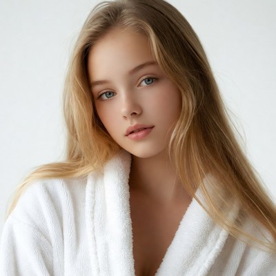 Young woman in white bathrobe