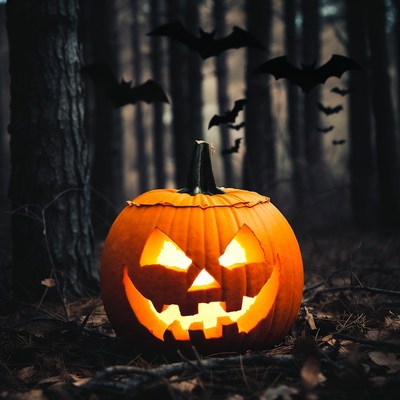 Lit Jack-o-Lantern in Dark Forest