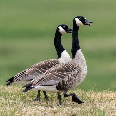 Two Canada geese standing in grass