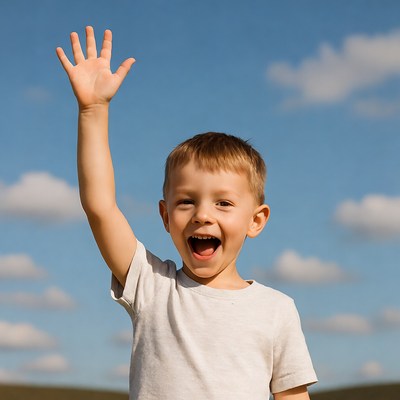 Boy waving hand smiling outdoors