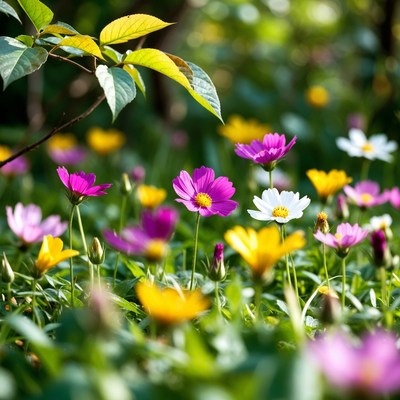 Colorful Cosmos Flowers in Green Meadow