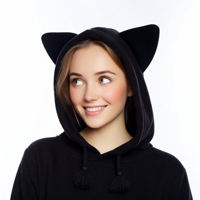 Girl smiling in black cat ear hoodie