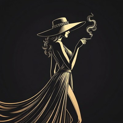 Elegant woman smoking cigarette in wide hat