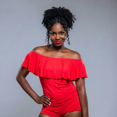 African-American woman in red off-shoulder jumpsuit