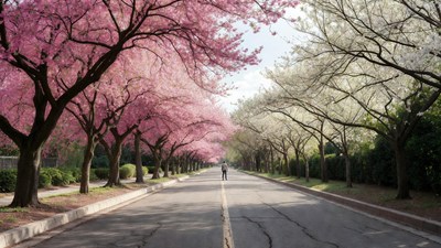 Man walking pink white cherry blossom avenue