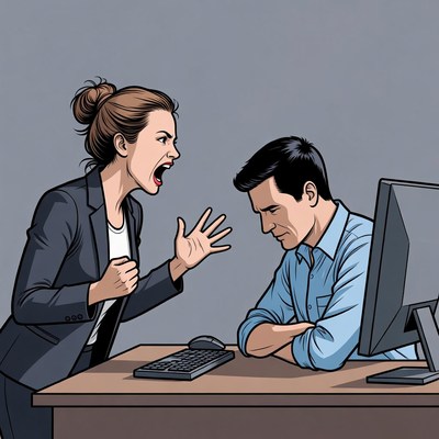 Angry woman yelling at man at desk
