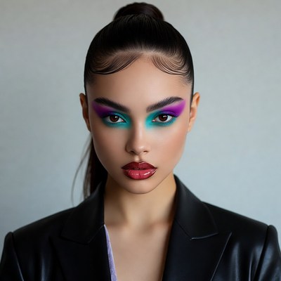 Woman with teal eyeshadow and ponytail