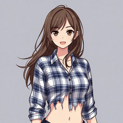 Anime girl in torn plaid shirt