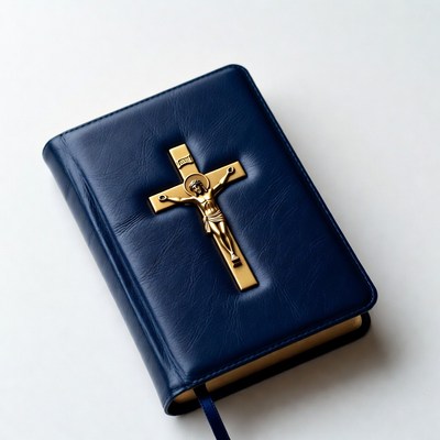 Blue Bible with gold crucifix