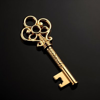 Ornate Golden Key on Black Background