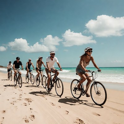 Group cycling on beach