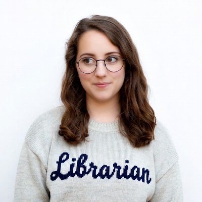 Woman wearing Librarian sweater