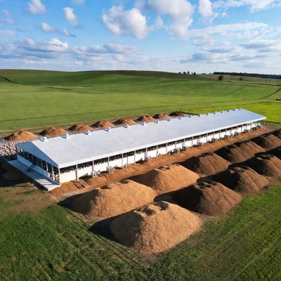 White Barn with Hay Piles in Green Field