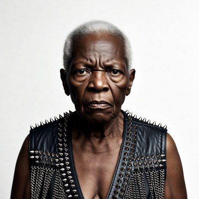 Elderly African-American woman in spiked leather vest