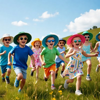 Happy kids running in green field