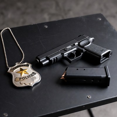 Police Badge Gun Magazine on Table