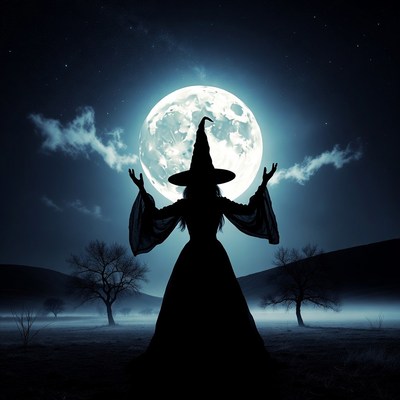 Silhouette witch raising arms under full moon