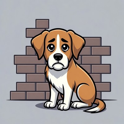 Sad puppy sitting by brick wall